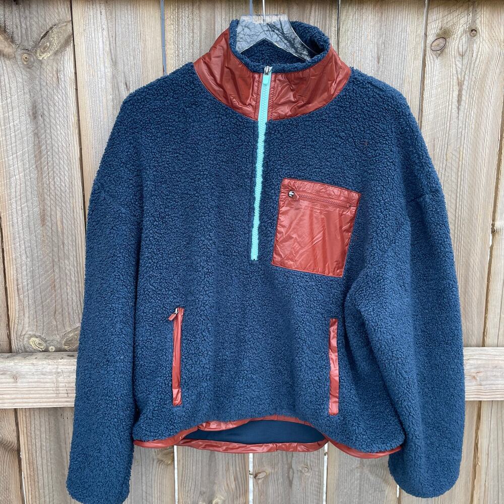 Fabletics Jacket pullover Larissa large navy brown trim‎ 1/2 zip
